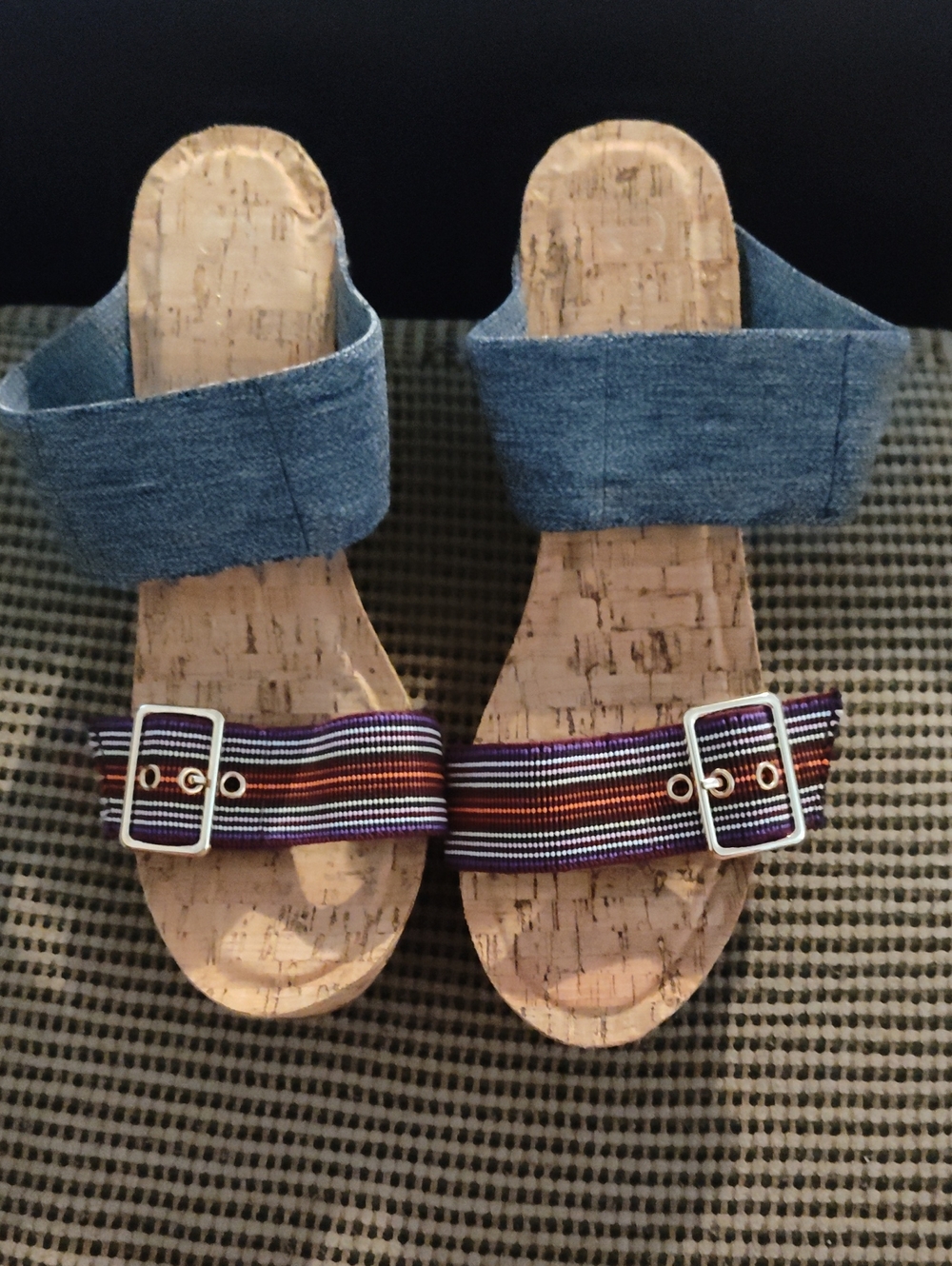 Denim Ankle Strap Cork Slide Sandals with Multicolor Striped Toe Band